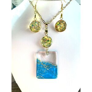 Blue Gold Resin Necklace Set Square Pendant Glitter Cabochon Earrings - Handmade